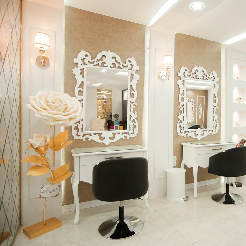 Elegant salon styling stations with ornate mirrors