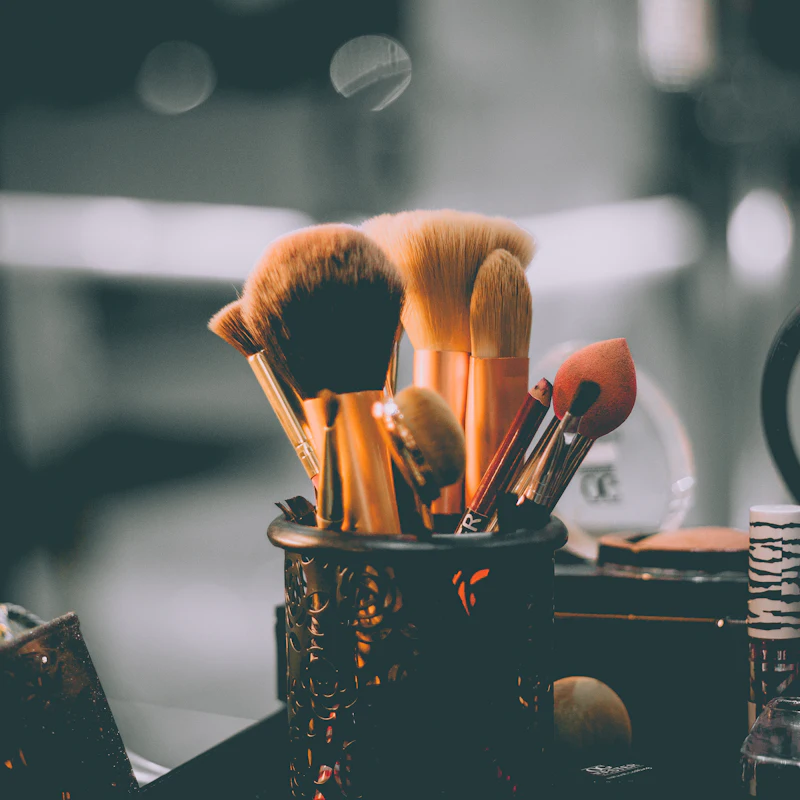 Makeup brushes in a holder